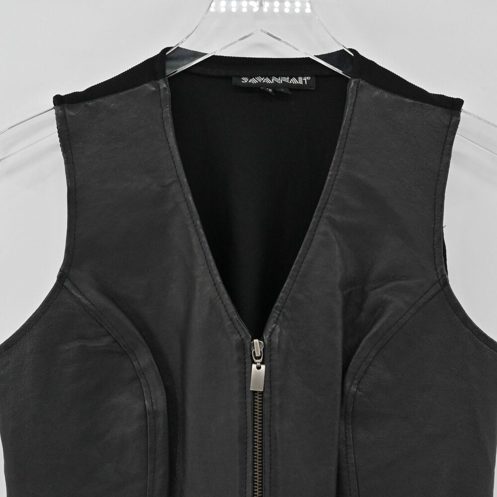 Vtg SAVANNAH Vest Womens Sz S Black Leather Combo‎ Zip Up Sleeveless Biker Retro - Picture 2 of 12